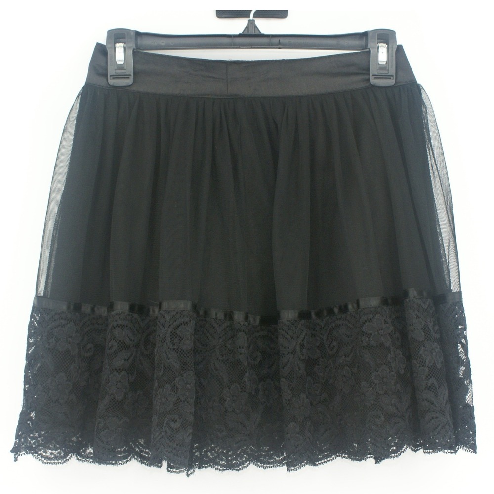 Forever 21 XXI Black Tulle Lace Trim Mini Skirt XS Party Cocktail Goth Floral